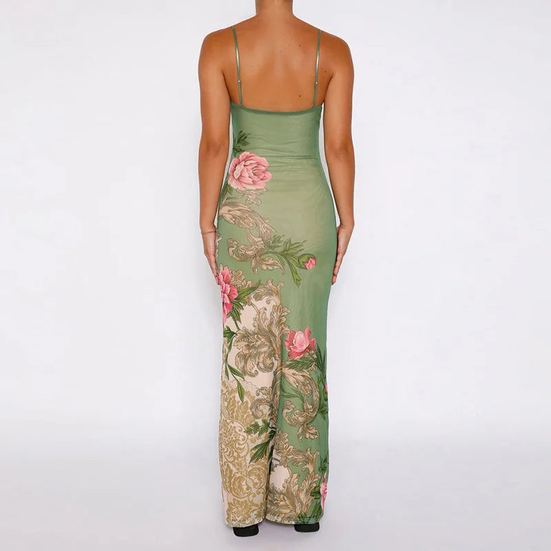 Blumiges Maxi-Sommerkleid mit V-Ausschnitt und Spaghettiträgern – Alina