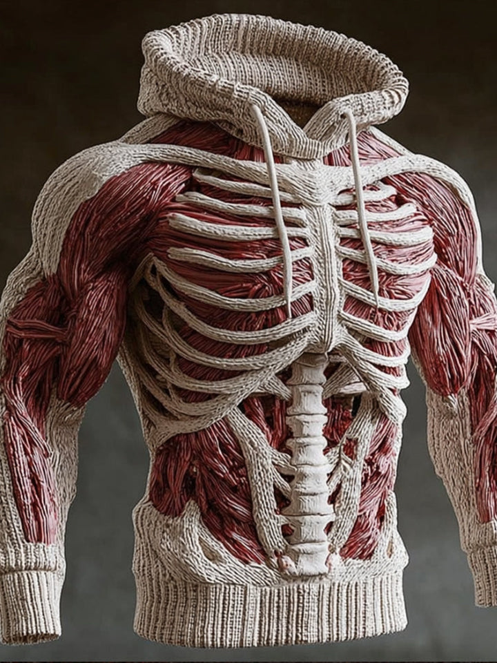 Crèmewitte gebreide hoodie met 3D-skeletontwerp, rode spieren op de armen en een geribbelde kap, close-up van de voorkant. 5