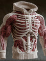 Crèmewitte gebreide hoodie met 3D-skeletontwerp, rode spieren op de armen en een geribbelde kap, close-up van de voorkant. 5