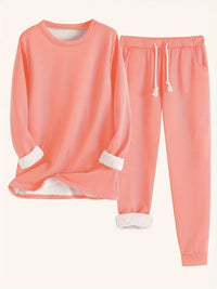Tweedelige set in zalmroze: trui met ronde hals en broek met elastische taille, witte fleecevoering bij mouwen en zoom 8