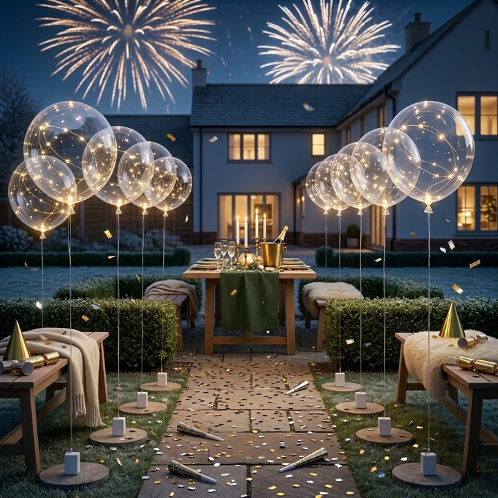 Rijen lichtgevende ballonnen op houten voetjes in een tuin, met vuurwerk en een gedekte tafel 4