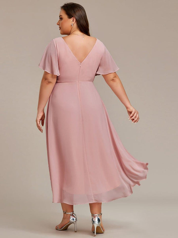 Chiffon feestjurk voor bruiloftsgast met V-hals en korte mouwen 130