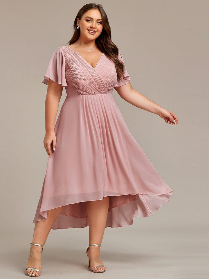 Chiffon feestjurk voor bruiloftsgast met V-hals en korte mouwen 132