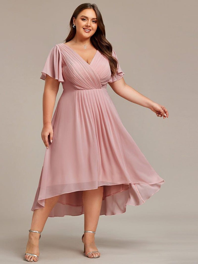 Chiffon feestjurk voor bruiloftsgast met V-hals en korte mouwen 132