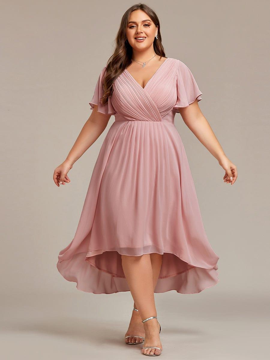 Chiffon feestjurk voor bruiloftsgast met V-hals en korte mouwen 129