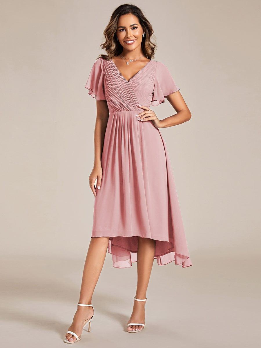Chiffon feestjurk voor bruiloftsgast met V-hals en korte mouwen 124