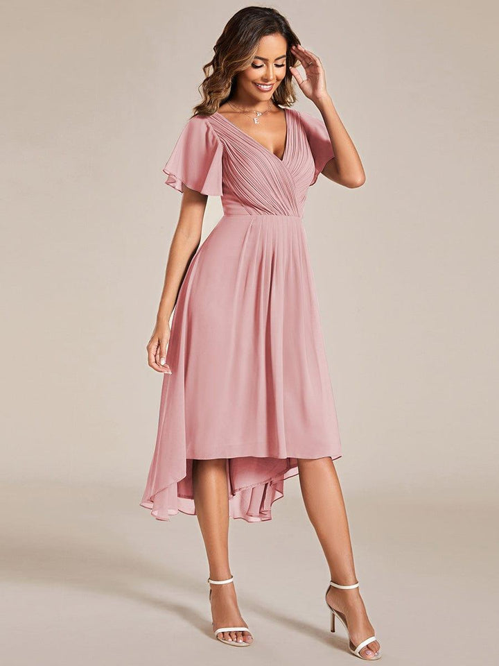 Chiffon feestjurk voor bruiloftsgast met V-hals en korte mouwen 128