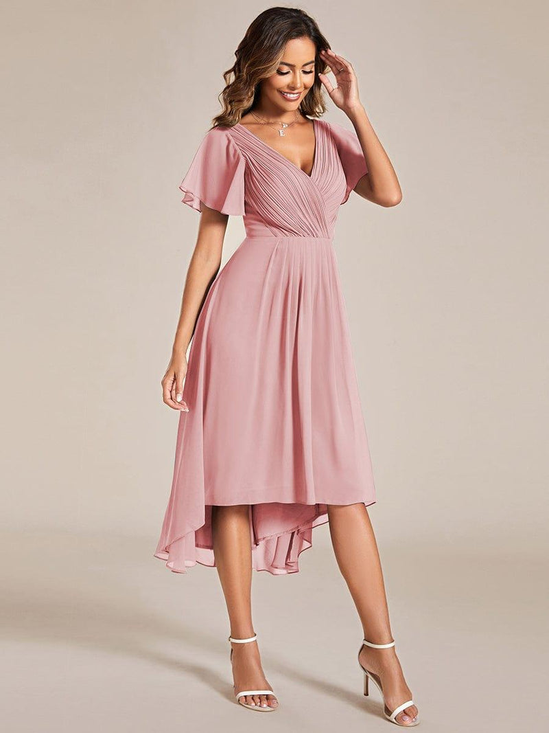 Chiffon feestjurk voor bruiloftsgast met V-hals en korte mouwen 128
