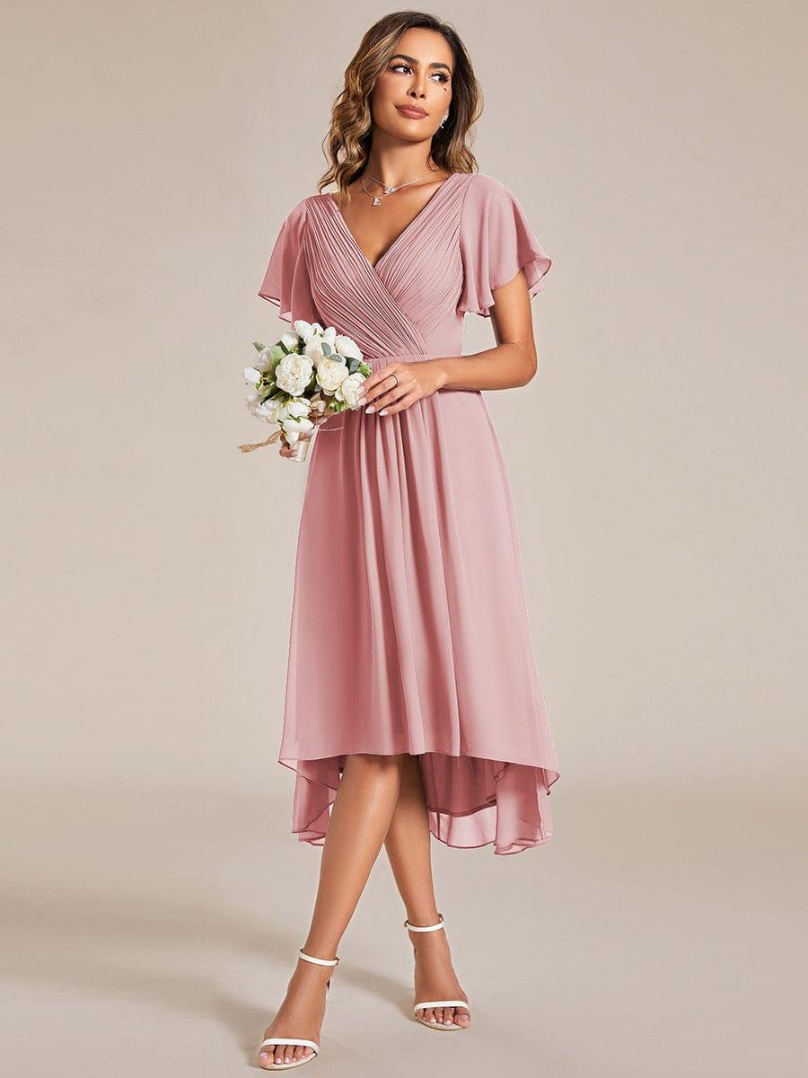 Chiffon feestjurk voor bruiloftsgast met V-hals en korte mouwen 126