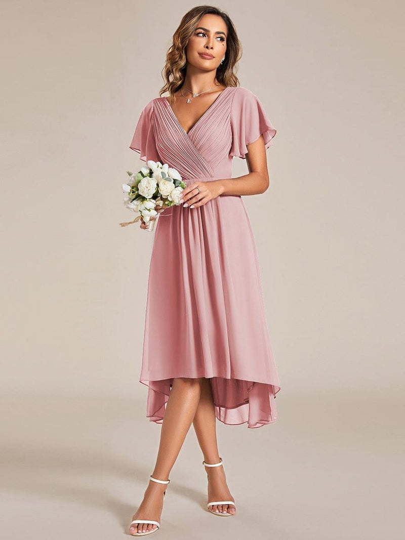 Chiffon feestjurk voor bruiloftsgast met V-hals en korte mouwen 126