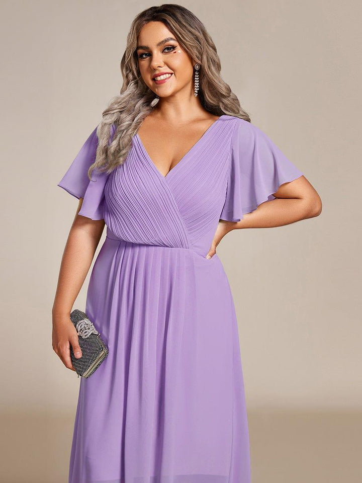 Chiffon feestjurk voor bruiloftsgast met V-hals en korte mouwen 107