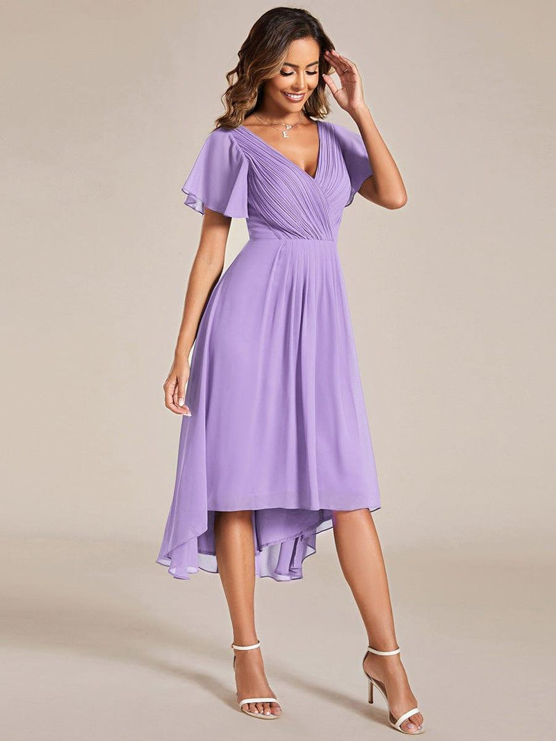 Chiffon feestjurk voor bruiloftsgast met V-hals en korte mouwen 104