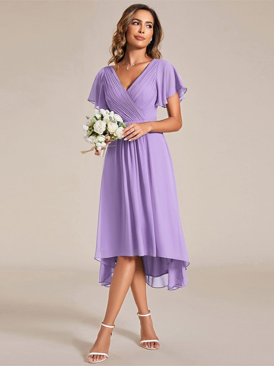 Chiffon feestjurk voor bruiloftsgast met V-hals en korte mouwen 102