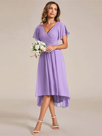 Chiffon feestjurk voor bruiloftsgast met V-hals en korte mouwen 102