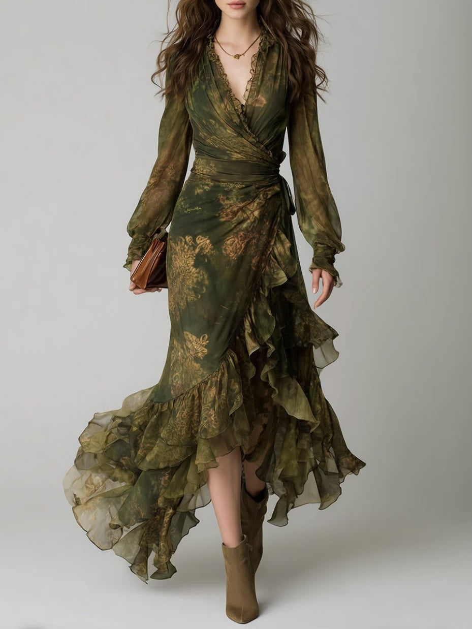 Model draagt de groene wikkeljurk met bloemenprint van voren, met V-hals, lange mouwen en gelaagde ruches langs de zoom, in volledig zicht. 1