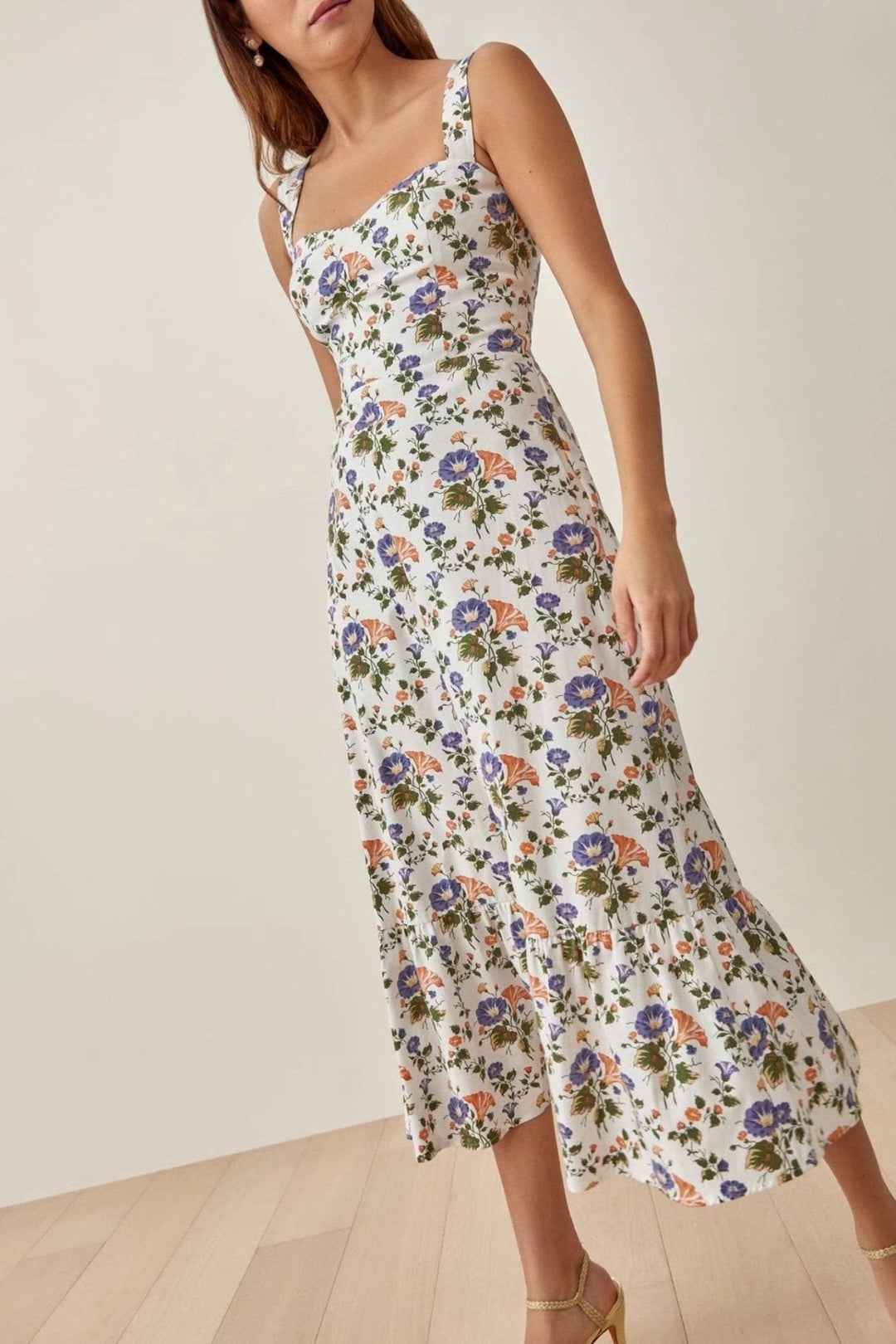 Bedrucktes ausgestelltes Midi-Kleid mit Trägern – Norelle