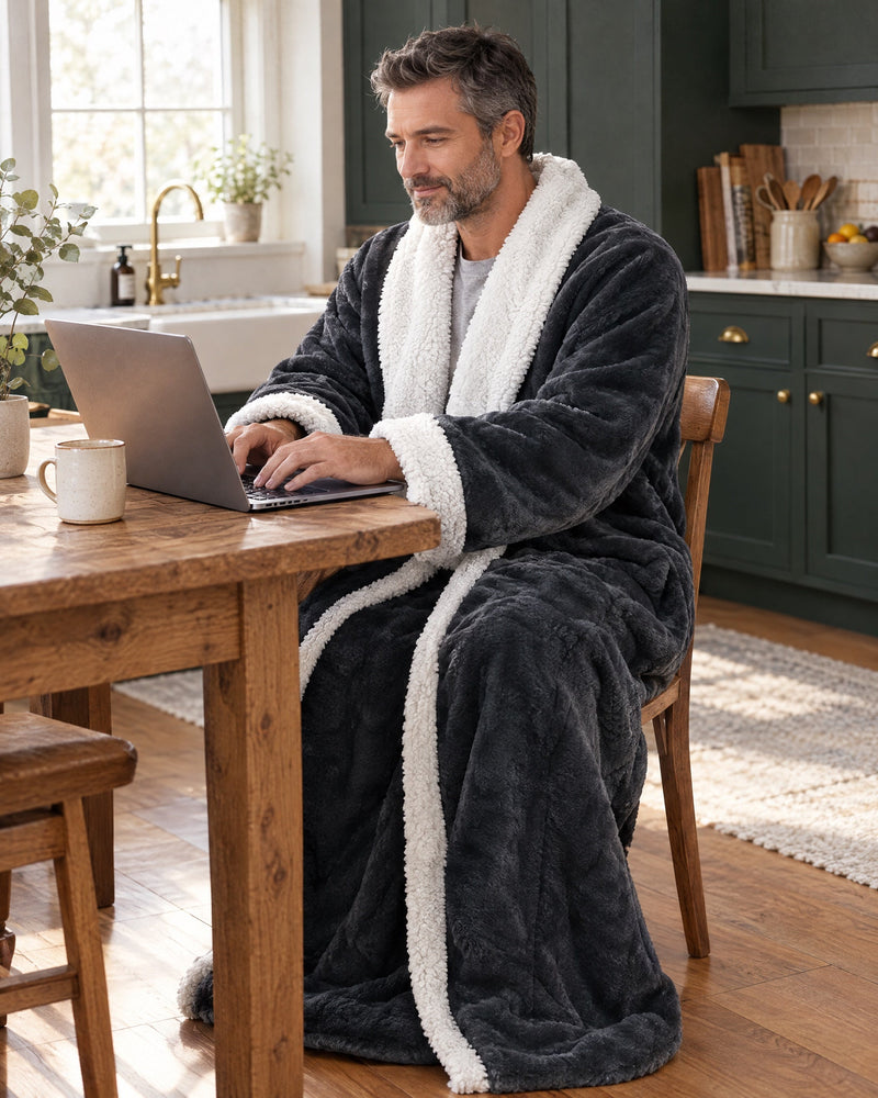 Man werkt aan een laptop aan een houten keukentafel, gekleed in de lange grijze jas met witte kraag en manchetten. 9