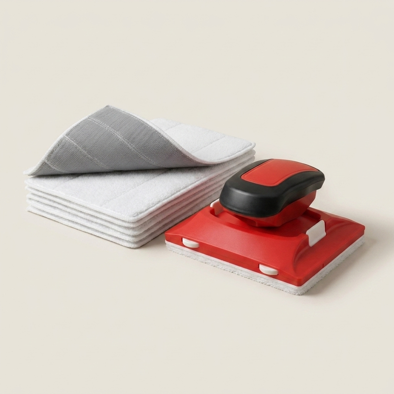 Stapel witte pads van zachte stof, de bovenste omgeslagen met grijze klittenbandzijde, naast een rood-zwart verfafstrijkgereedschap. 1