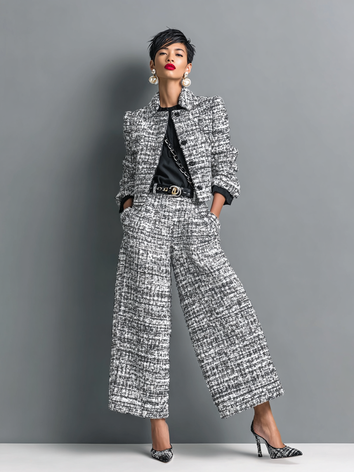 Hetzelfde pak in een lichtere zwart-witte bouclé-look, gedragen door een model met handen in de zakken en hoge hakken. 2