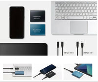 Flatlay van twee schijven naast smartphone, laptop en twee USB-C-kabels, met drie voorbeelden van aansluiting 5
