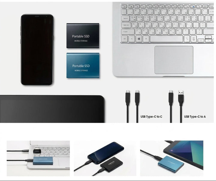 Flatlay van twee schijven naast smartphone, laptop en twee USB-C-kabels, met drie voorbeelden van aansluiting 5