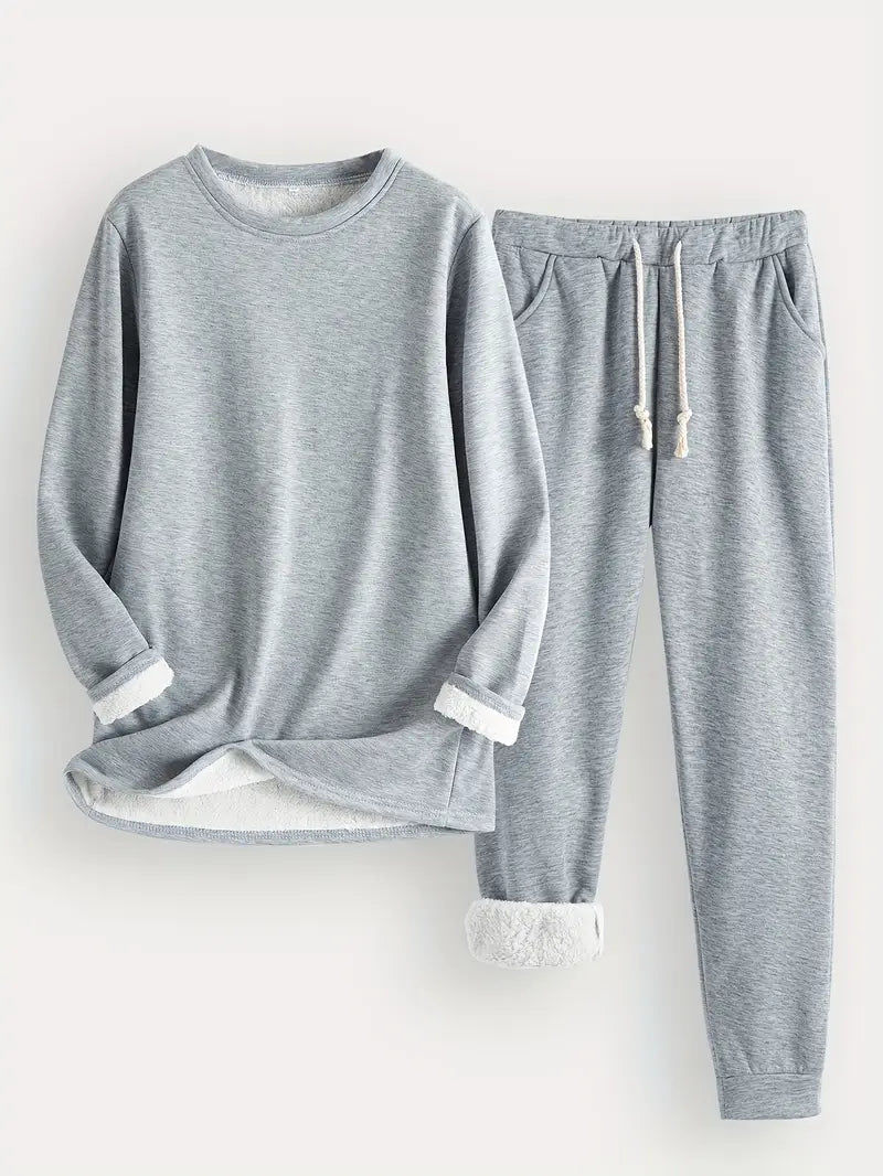 Tweedelige set in lichtgrijs gemêleerd: trui en joggingbroek met trekkoord, omgeslagen mouwen met witte fleecevoering 7