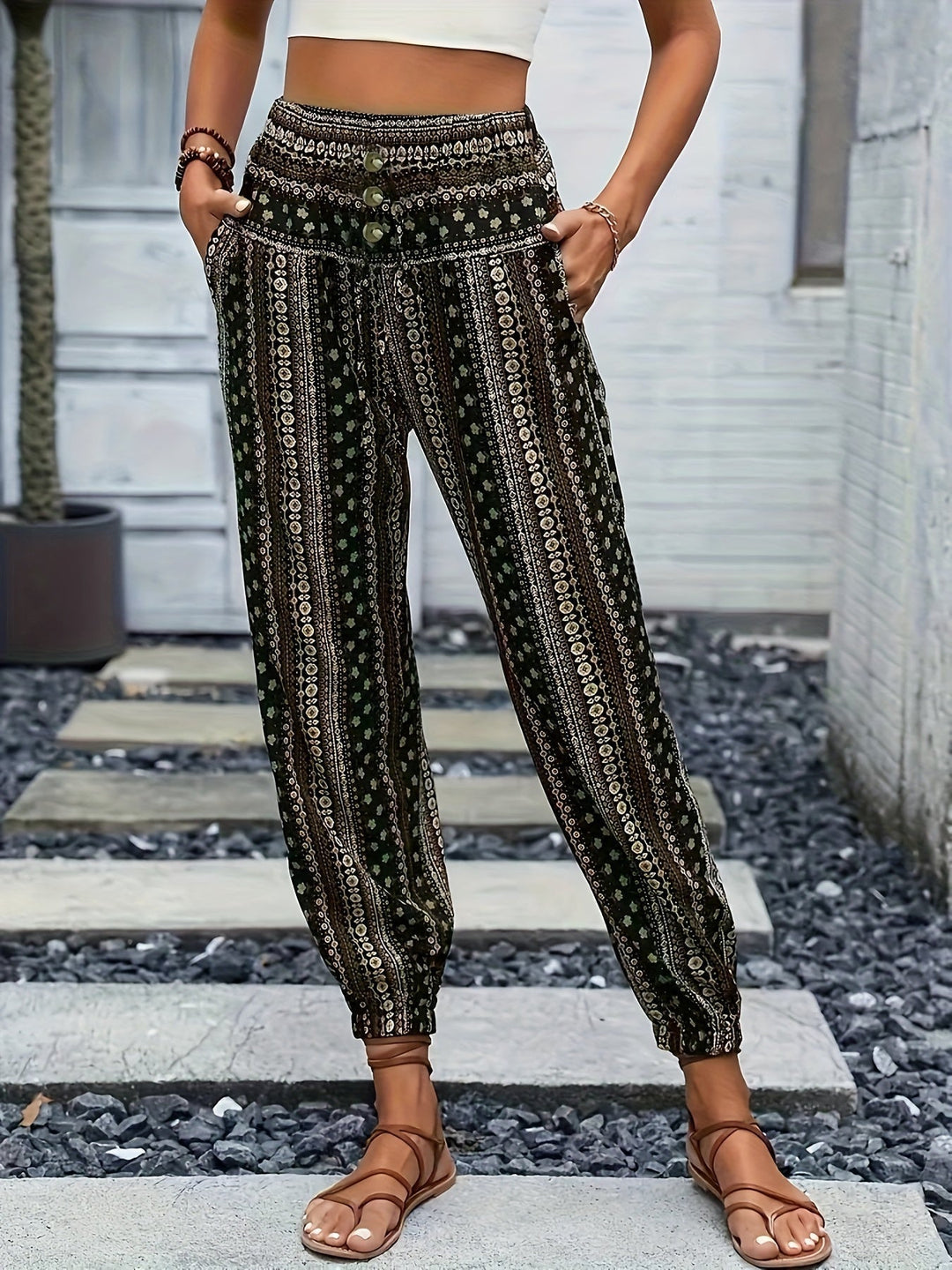 Boho-Hochbund-Damenhose mit Print & raffinierter Taille – Linara