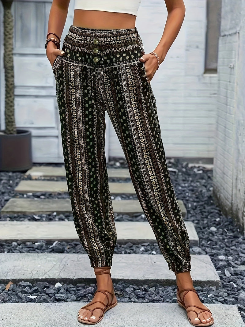 Boho-Hochbund-Damenhose mit Print & raffinierter Taille – Linara