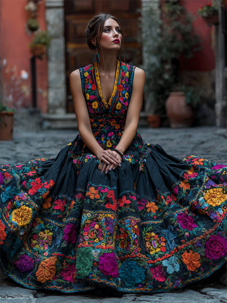 Model zit op een straatje met kasseien in de zwarte uitvoering, met een wijd uitwaaiende rok vol kleurrijke geborduurde bloemen. 1