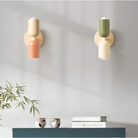 Twee wandlampen met twee lampkoppen, een perzik-crème en een groen-crème, aan een grijze muur boven een donkerblauwe kast met boeken en bamboetak. 2