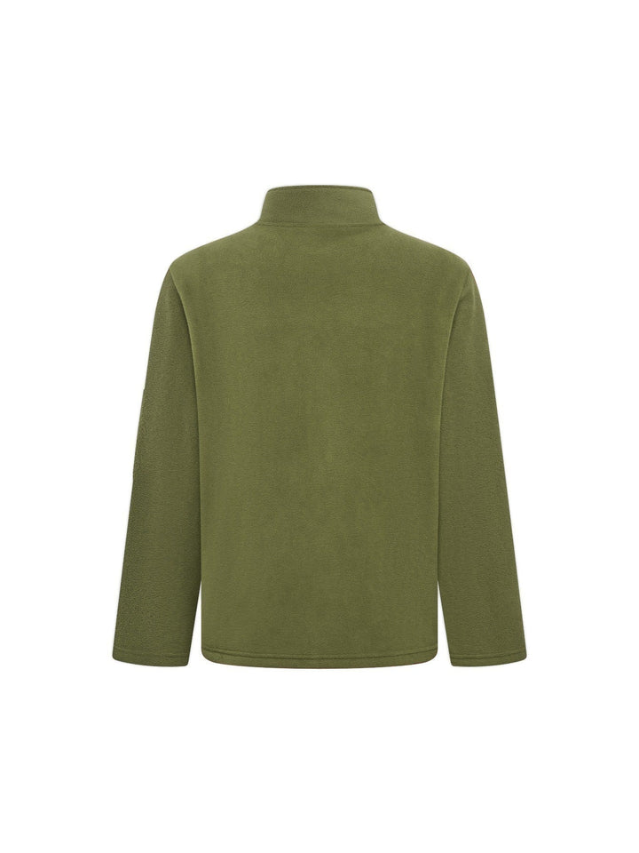 Achterkant van de olijfgroene fleecejas met opstaande kraag, effen rug en lange mouwen. 9