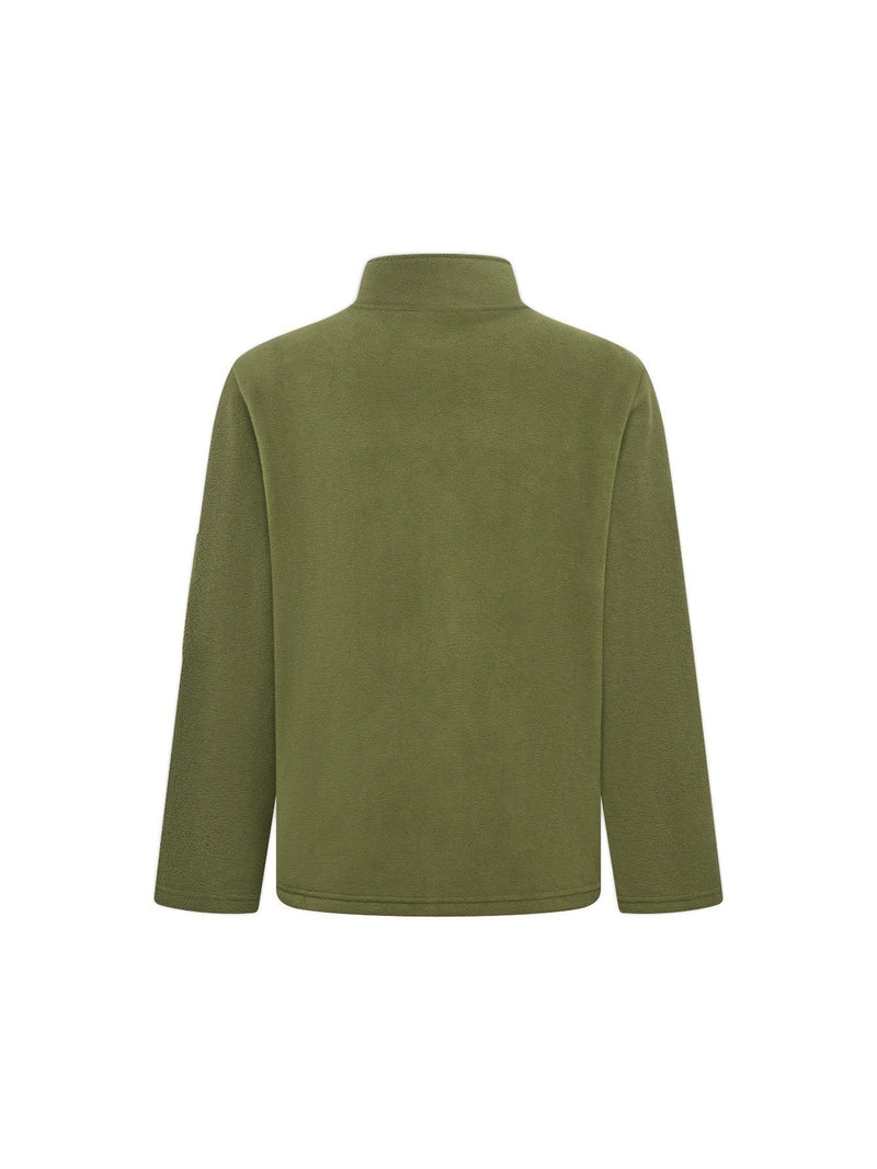 Achterkant van de olijfgroene fleecejas met opstaande kraag, effen rug en lange mouwen. 9