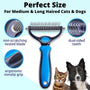 Blauwzwarte vachtkam met metalen tanden en ergonomisch handvat, met uitvergrote details en een kat en hond ernaast. 1