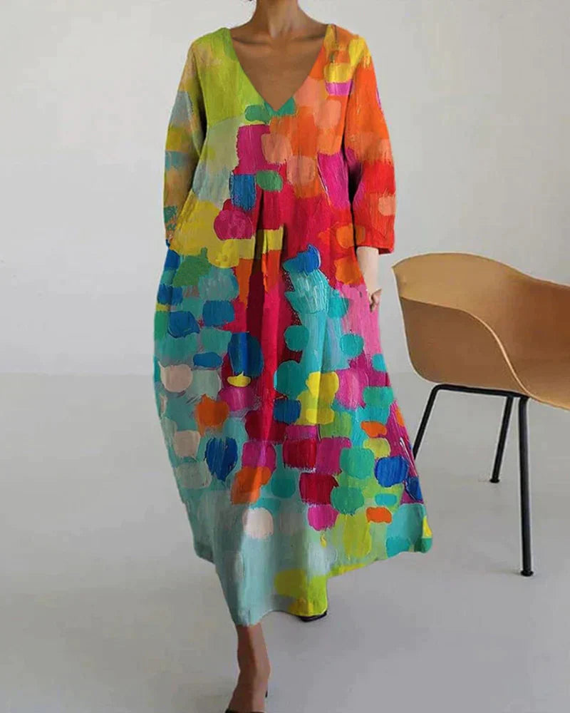 Buntes Bedrucktes Kleid mit V-Ausschnitt - Kim
