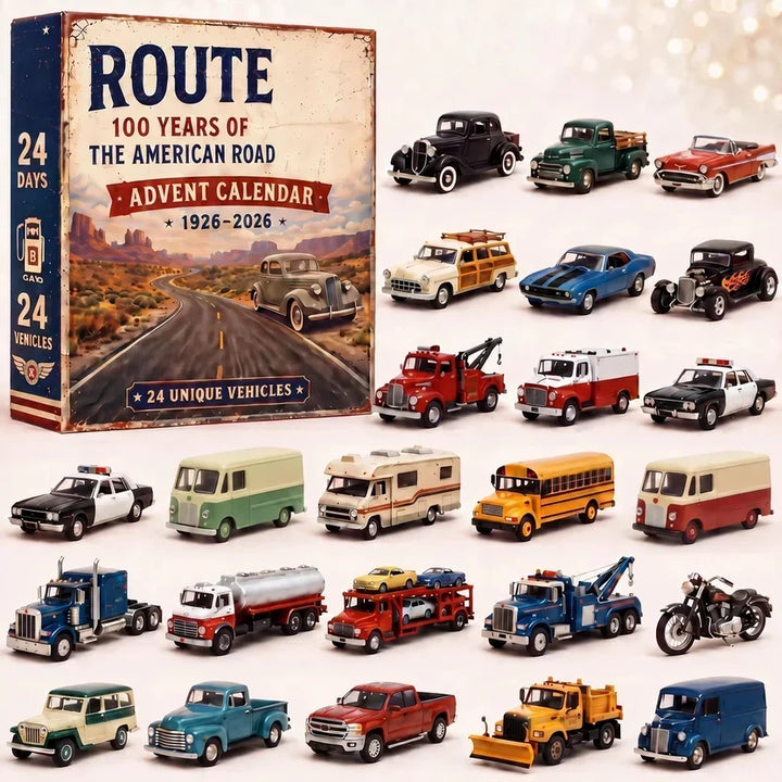 Retro doos met een weg door woestijnlandschap, omringd door miniatuurauto's, vrachtwagens, bus, camper, politieauto en een 6