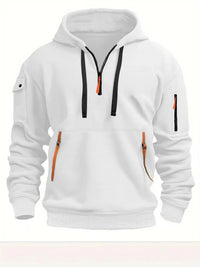 Witte hoodie van voren met zwarte trekkoorden, oranje ritstrekkers en een rits op de mouw. 3