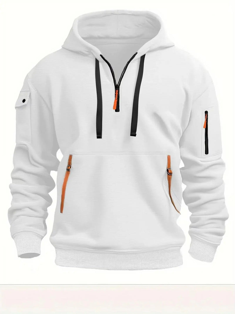Witte hoodie van voren met zwarte trekkoorden, oranje ritstrekkers en een rits op de mouw. 3