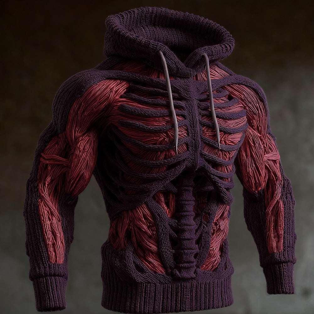 Donkerpaarse gebreide hoodie met 3D-skeletpatroon en rode spiervezels, grijze trekkoorden hangen langs de borst. 4