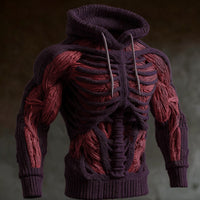 Donkerpaarse gebreide hoodie met 3D-skeletpatroon en rode spiervezels, grijze trekkoorden hangen langs de borst. 4
