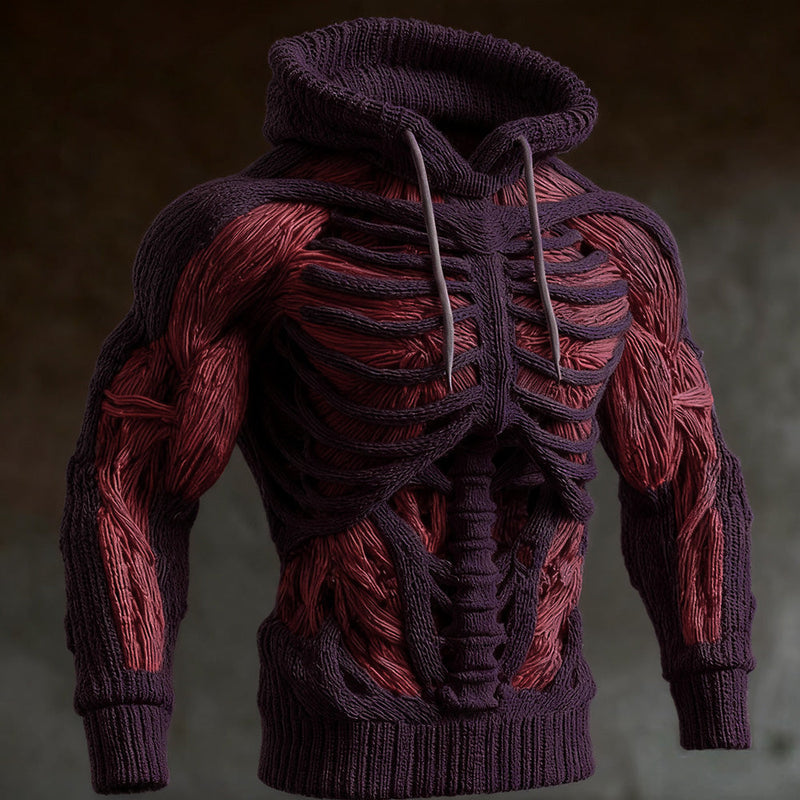 Donkerpaarse gebreide hoodie met 3D-skeletpatroon en rode spiervezels, grijze trekkoorden hangen langs de borst. 4