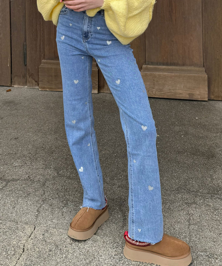 Damen Stretch-Jeans mit weitem Bein und Herzchenmuster - Amelie