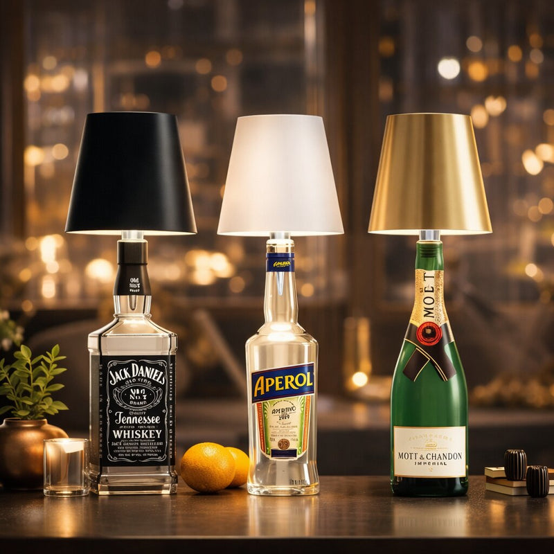 Drie flessen met een zwarte, witte en gouden lampenkap in een sfeervol verlichte bar 1