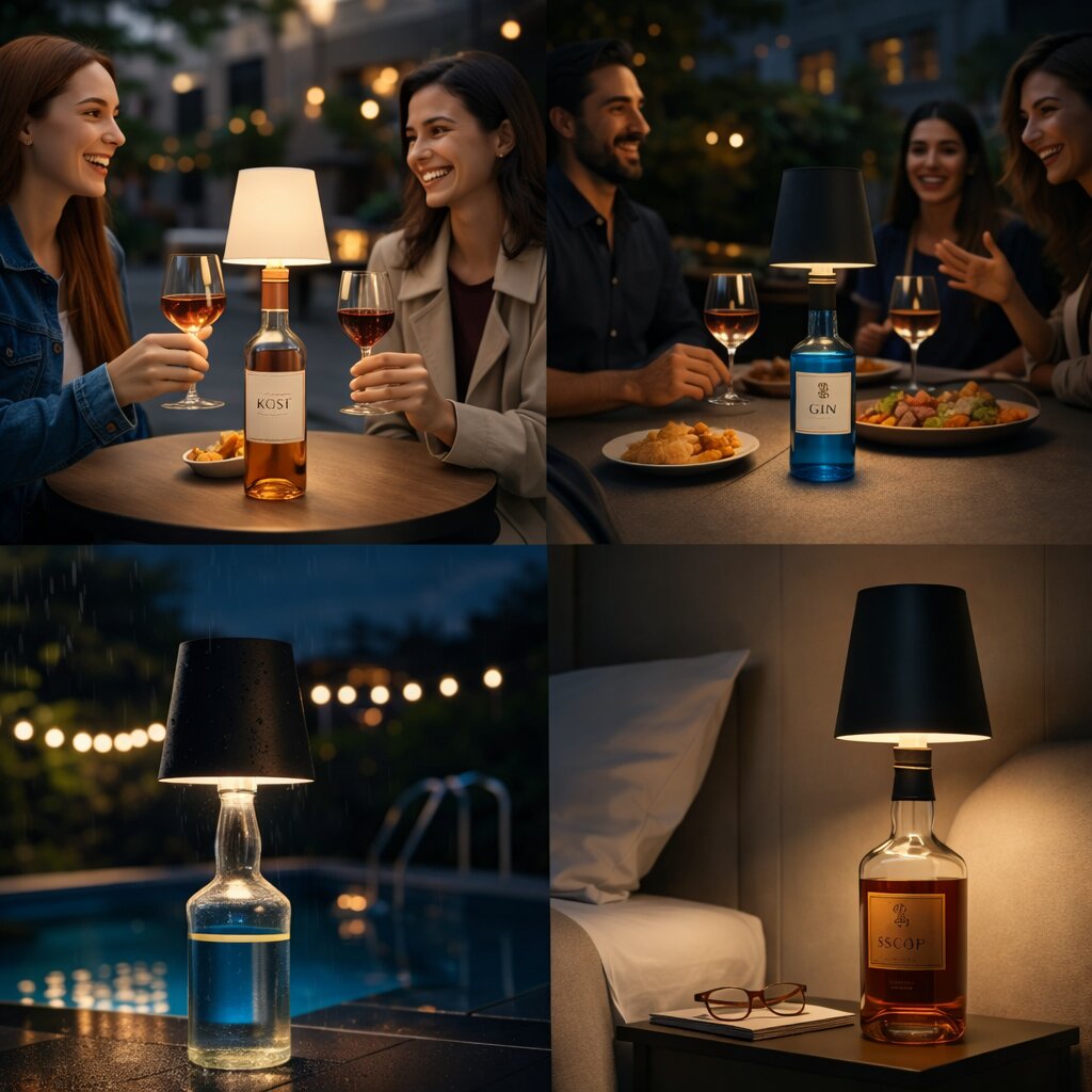 Vier avondscènes met fleslampen: aan tafel met vrienden, op een terras bij regen en op een nachtkastje 7