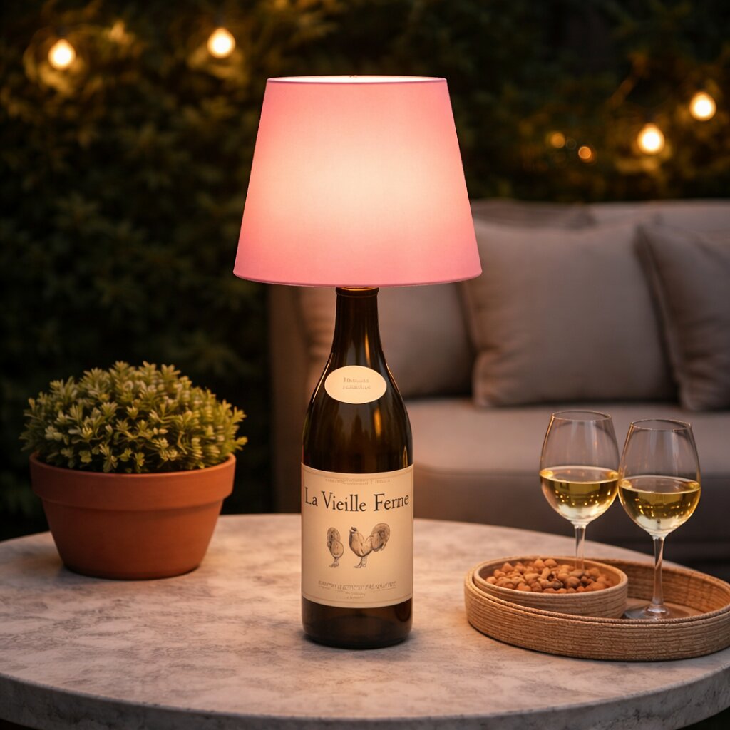 Verlichte roze lampenkap op een wijnfles op een buitentafel met twee glazen wijn en notenschaal 19