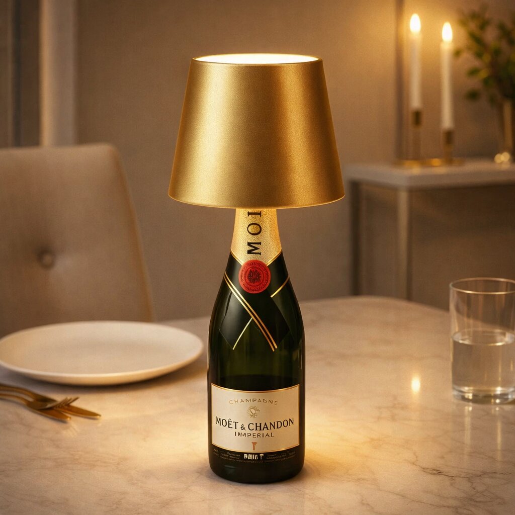 Gouden lampenkap op een champagnefles op een marmeren eettafel met kaarsen op de achtergrond 17
