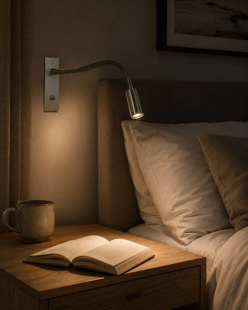Wandlamp in geborsteld nikkel met brandend licht naast het hoofdbord, met een open boek en een mok op het nachtkastje. 8
