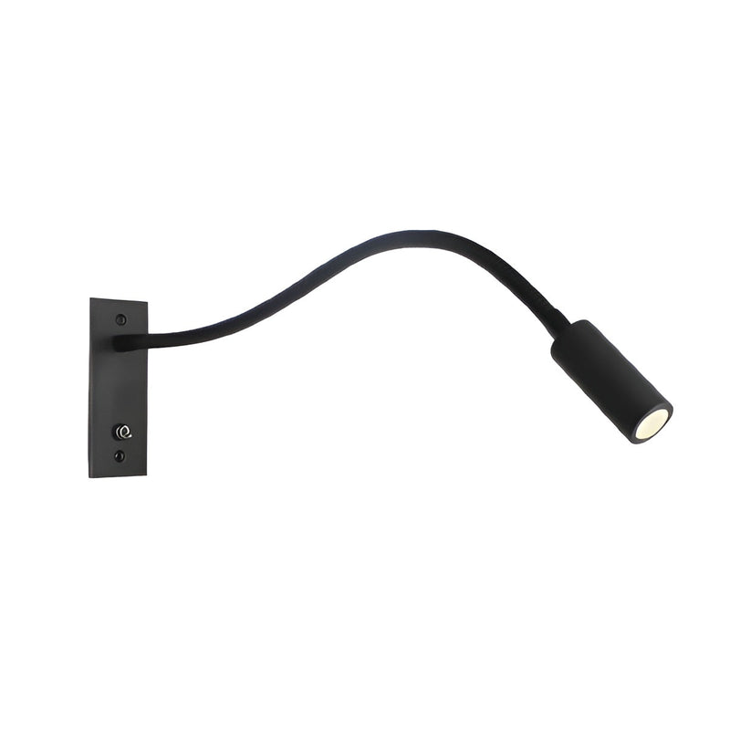 Zwarte wandlamp met buigzame zwanenhals, rechthoekige wandplaat en schakelaartje, vrijstaand op een witte achtergrond met brandend ledlichtje. 1