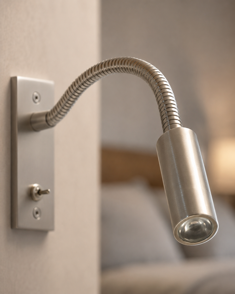 Close-up van de wandlamp in geborsteld nikkel met geribbelde zwanenhals, kleine tuimelschakelaar op de wandplaat en een wazig bed erachter. 7