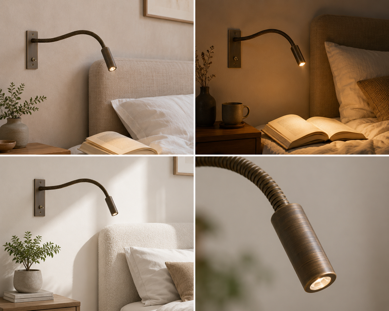 Collage van vier beelden met de lamp in een brons-achtige afwerking: boven een bed, bij een boek, naast een plant en als close-up. 5