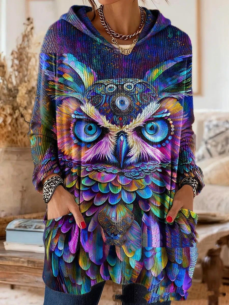 Tuniek met capuchon met een kleurrijke uil als print in paars, blauw en geel, gedragen door een model met handen in de zakken. 3
